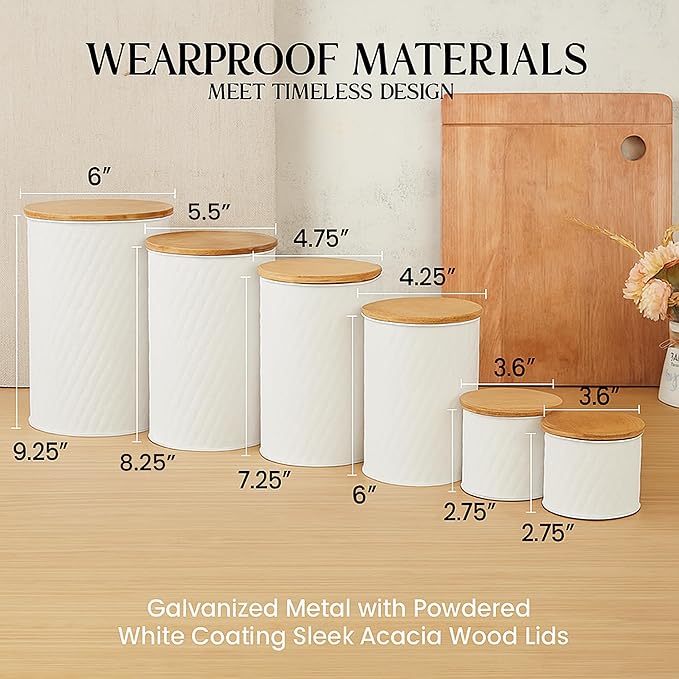6 Canister Set for the Kitchen Countertop – Metal Food Storage Canisters with Airtight Lids for Flour, Tea, Crafts, Coffee, & Sugar – Container Set with Modern Wood Lids, White-Ruum Studio Home