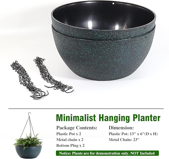 WOUSIWER 13 inch 2 Pack Large Hanging Planters for Indoor Outdoor Plants with Drainage Holes and Chain, Round Hanging Flower Pots for Garden Home Porch Decor, Black with Green Speckles-Ruum Studio Home