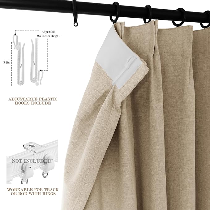 100" W x 96" L Faux Linen Room Divider Curtains, Full Blackout Pinch Pleated Drapes for Traverse Rod, Bedroom Divider Privacy Drapery with Hooks for Ceiling Track, 1 Panel, Sand Beige-Ruum Studio Home