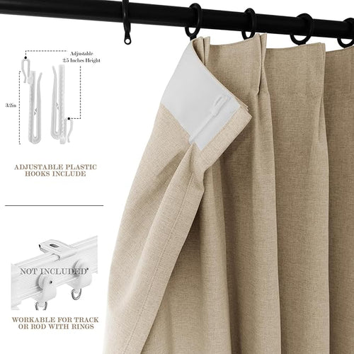 100% Blackout Linen Textured Drapes for Bedroom Pinch Pleated Curtains for Track System Portable Drapery for Sliding Glass Door/Storage/Space Room Divider, 70" Wx102 L, 1 PC, Sand Beige-Ruum Studio Home
