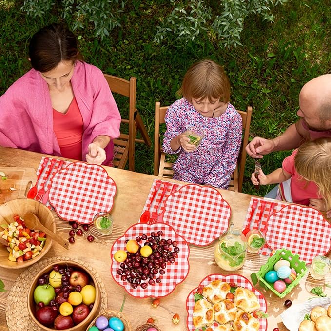 350 Pcs Red Gingham Plates and Napkins Party Supplies - Red and White Checkered Plates Sets Serve 50 Guests - Scalloped Gingham Paper Plate for Birthday Picnic Wedding Christmas Party Decorations-Ruum Studio Home