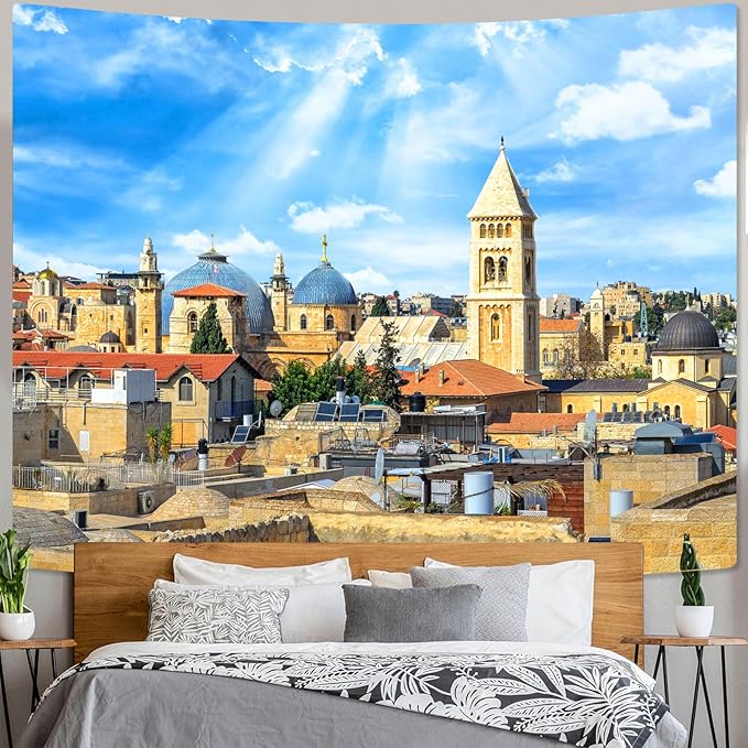 AMM Western Wall Tapestry Jerusalem Old City Church Tapestry for Bedroom Aesthetic Mediterranean Landscape Tapestries Wall Hanging for Living Room Dorm Office 80 x 60 Inch-Ruum Studio Home