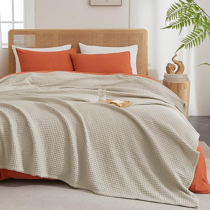 PHF Ultra Soft Waffle Weave Throw Blanket 50"x 60"- Washed Lightweight Breathable Cozy Woven Blanket for Bed - Aesthetic Decor for Couch Bedding Sofa Home Car - Light Khaki/Linen-Ruum Studio Home