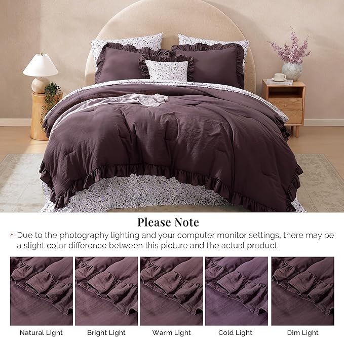 Full Comforter Set - 7 Pieces Ruffle Purple Bedding Sets, Shabby Chic Farmhouse Bed in a Bag Full with Ruffle Comforter, Floral Sheets, Pillowcases & Shams-Ruum Studio Home