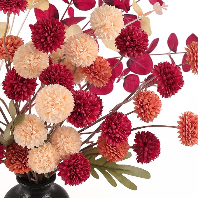 Faux Kiku Flowers Fall 10 Stems & 2 Eucalyptus, Fake Mums Pompon Flower Ball, Autumn Burnt Orange Artificial Chrysanthemums Flowers for Boho Decor, Mini Faux Kiku Flower Wedding Arrangements Decor-Ruum Studio Home
