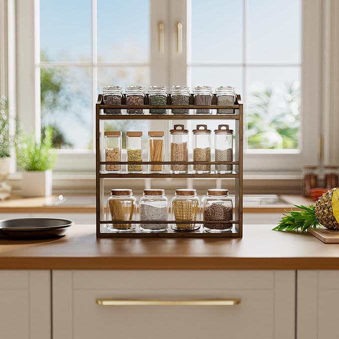 Spice Rack for Countertop, Bamboo Seasoning Jars Organizer Rack Shelf Wall Mounted, 15.83" W x 4.96" D x 15.75" H (Walnut)-Ruum Studio Home