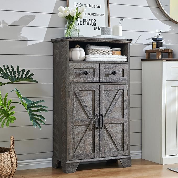 Bathroom Floor Cabinet, Farmhouse 24" Wide Cabinet with Drawer, Adjustable Shelf, Barn Doors, Cabinets for Bathroom, Kitchen, Living Room, Grey Wash-Ruum Studio Home