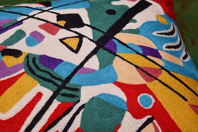 Kandinsky Modern Couch Pillow Cover - Red Painting | Abstract Toss Pillow | Modern Chair Cushion| Contemporary Pillow | Mid Century Chair Cushion | Hand Embroidered Pillow | Wool Size 18x18-Ruum Studio Home