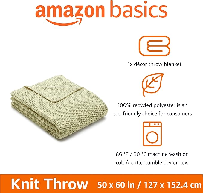 Amazon Basics Chunky Cable Knit Throw Blanket for Couch, Sofa, Bed, Lightweight Soft Cozy, Sage Green, 50"x 60"-Ruum Studio Home