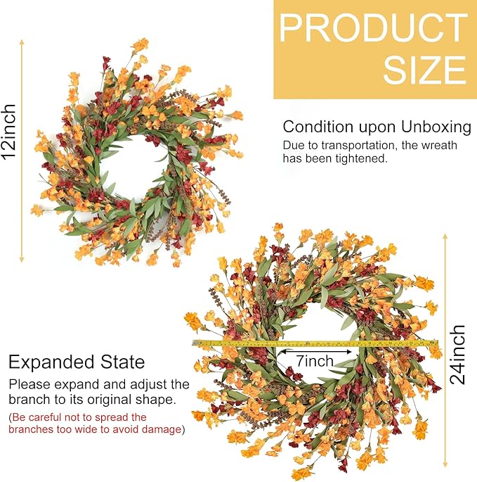 Artgar Fall Wreath, Fall Wreaths for Front Door, 24 in Fall Decor Floral Wreath, Door Wreaths for Front Door Outside All Season for Thanksgiving Home Indoor Outdoor Wall Decor (Red Orange Yellow)-Ruum Studio Home