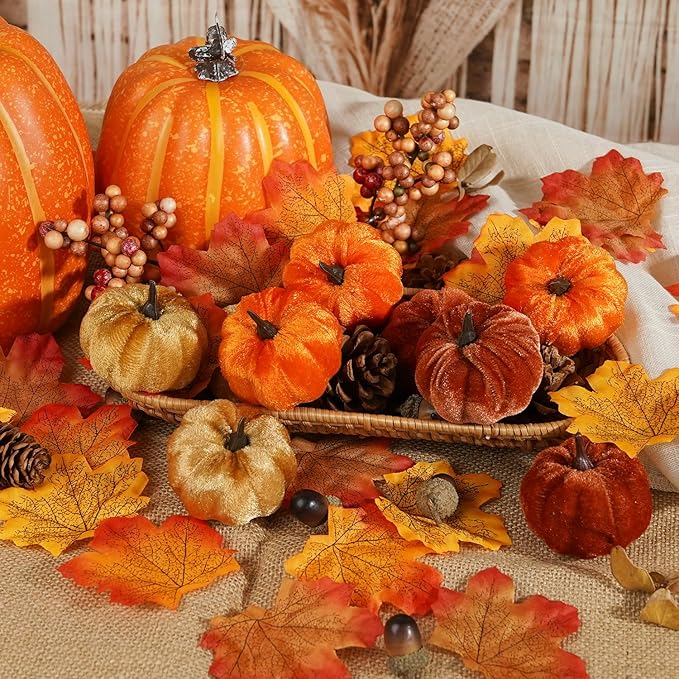 Artmag 51 PCS Artificial Fabric Pumpkins, Fall Harvest Decorations with Acorns, Pinecones, Berries, Maple Leaves for Fall Thansgiving Halloween Decoration-Ruum Studio Home
