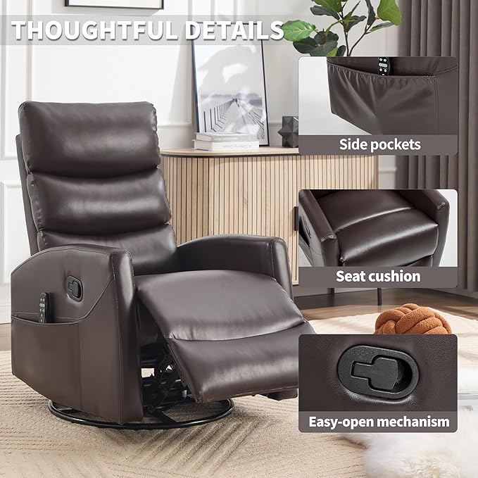 Manual Swivel Rocker Recliner Chair for Adults, Overstuffed Reclining Glider Chair for Nursing with Vibration Massage & Heat, Living Room Rocking Recliner 3-Stage backrest, Faux Leather Brown-Ruum Studio Home