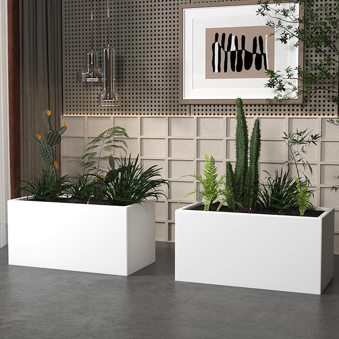 White Steel Planter Outdoor Indoor Planter Box Galvanized Steel Metal Large Planters Rectangular Flower Pot 31.5 In L x 16 In W x 16 In H Modern Commercial Residential for Trees Patio Deck Yard Garden-Ruum Studio Home