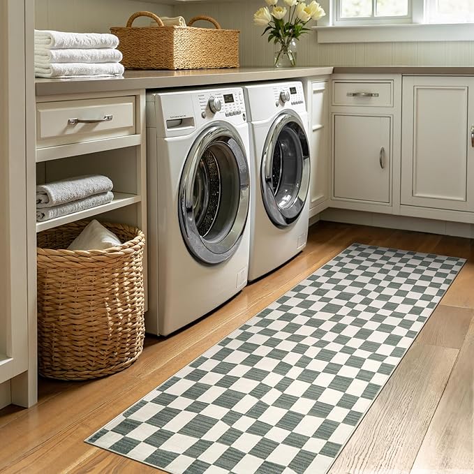 jinchan Runner Rug 2x5 Hallway Washable Modern Checkered Geometric Lattice Kids Bedroom Rug Indoor Floor Cover Non Slip Soft Carpet for Nursery Room Kitchen Laundry Room Home Grey-Ruum Studio Home