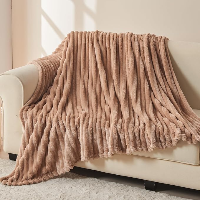 NEWCOSPLAY Super Soft Throw Blanket Taupe Premium Silky Flannel Fleece 3D Ribbed Jacquard Lightweight Bed Blanket All Season Use (Taupe Ribbed, Throw(40"x50"))-Ruum Studio Home