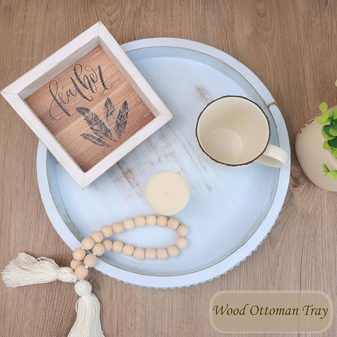 Round Wood Serving Tray with Beads, Blue Washed Wooden Decorative Tray for Entertaining, Decoration, and Gifting-Ruum Studio Home