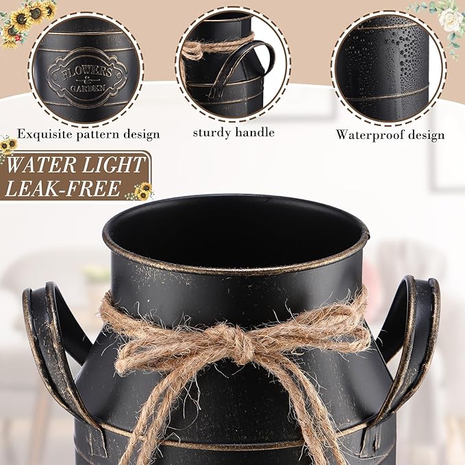 6 Inch Farmhouse Vase Decor Milk Can Vintage Flower Jug Galvanized Metal Vase with Handle Rustic Flower Buckets for Thanksgiving Christmas Table Centerpiece Weddings Gifts(Black,8 Pcs)-Ruum Studio Home