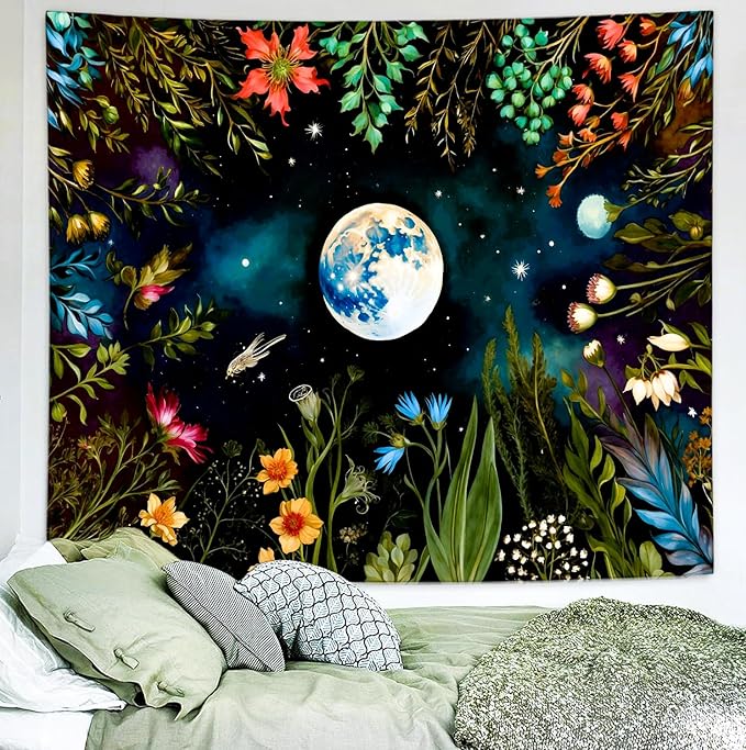 Delur Moonlit Garden Tapestry Boho Moon Floral Plant Tapestry Wall Hanging Colorful Flower Botanical Nature Night Landscape Headboard for Bedroom Living Room Home Decor (51.2" x 59.1")-Ruum Studio Home
