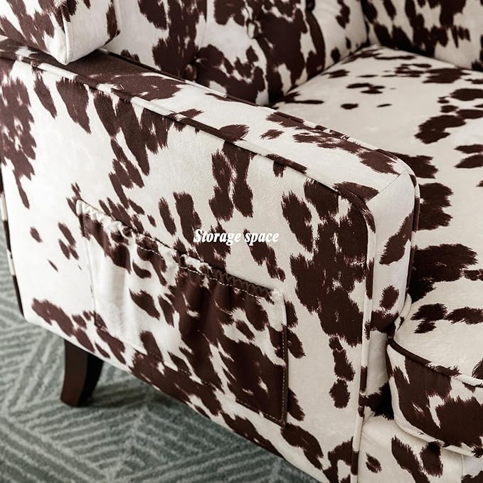 DUOMAY Tufted Accent Chair, Modern Upholstered Wingback Side Arm Chair for Living Room Bedroom with Wood Legs, Comfy Reading Guest Chair for Office, Milk Cow/Brown-Ruum Studio Home