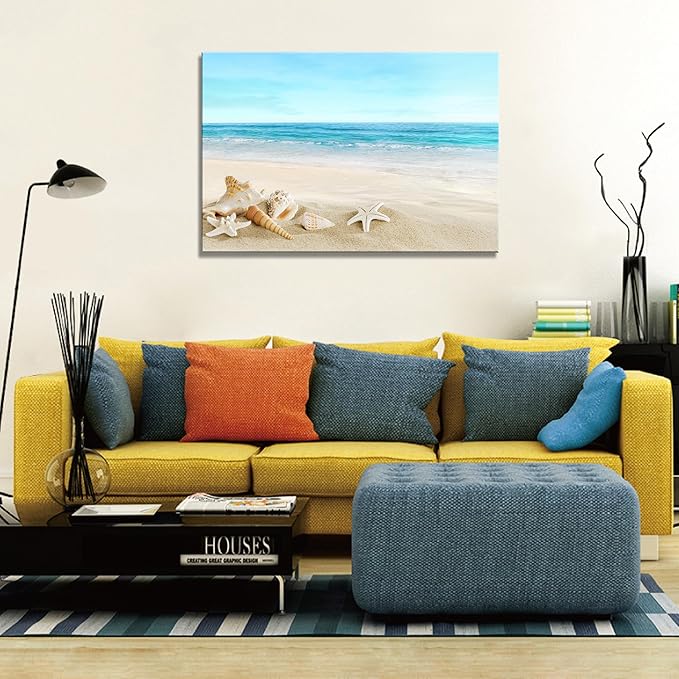 DZL Art S73981 Beach Picture Decor Ocean Painting Canvas Wall Art Prints of Starfish and Seashell on Sandy Seaside Ready to Hang for Living Room Bedroom Office Wall Decor Home Decoration-Ruum Studio Home