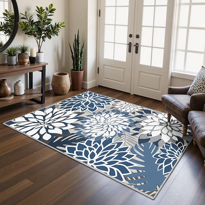 Area Rug 3x5 Blue White Washable Entry Rug Multicolored Tropical Botanical Modern Floral Indoor Kitchen Door Mat Entrance Carpet Non Slip for Bedroom Living Room, Porch-Ruum Studio Home