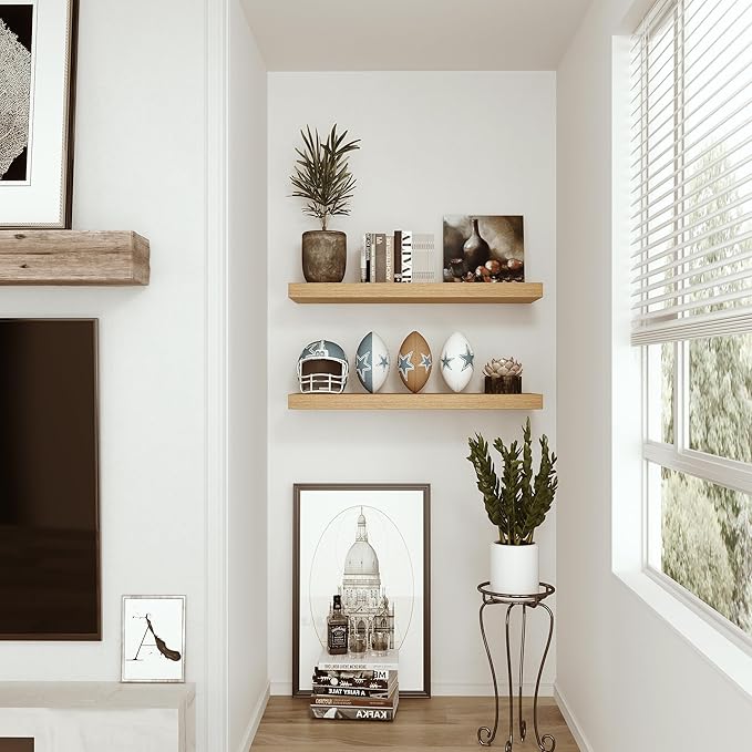 Floating Shelves for Wall 24 inchs Long, 9.2” deep x 1.5” Wall Shelf for Bedroom, Bathroom, Living Room, Kitchen, Office Home Decor, Deep Wood Shelves with Invisible Brackets, Set of 2, Oak-Ruum Studio Home