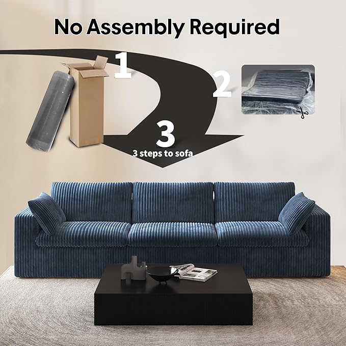 118" 3-Seater Cloud Sofa,Modular Sectional Couch,Modern Deep Seat Upholstered Couches with Plush Corduroy Fabric for Living Room Furniture,Bedroom and Apartment,No Assembly Required,Blue-Ruum Studio Home