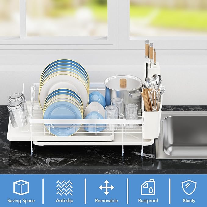 ROTTOGOON Expandable Dish Drying Rack,Multifunctional Adjustable Dish Drainer with Swivel Spout and Anti-Rust Dish Rack with Removable Cutlery & Cup Holders for Kitchen Counter,White-Ruum Studio Home