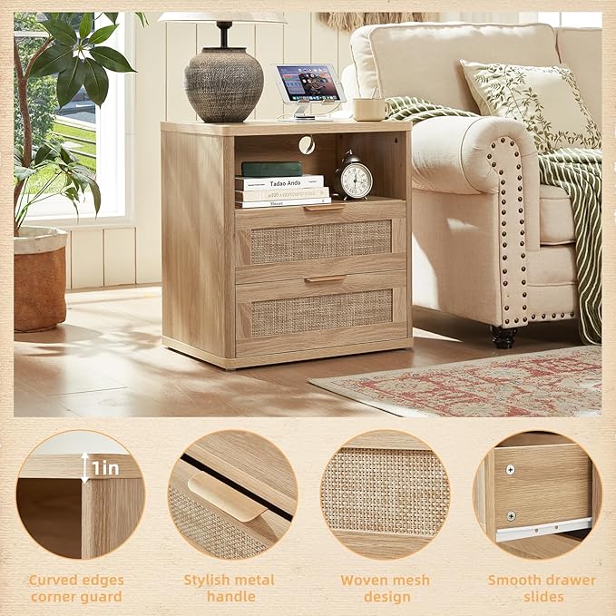 LEYAOYAO Boho Rattan Coffee Table and End Table Sets, 48" Wide Center Tables & 23" Night Stand with Charging Station Chest of Drawers, Natural Wood Coffee Table for Living Room 3 Piece Set-Ruum Studio Home