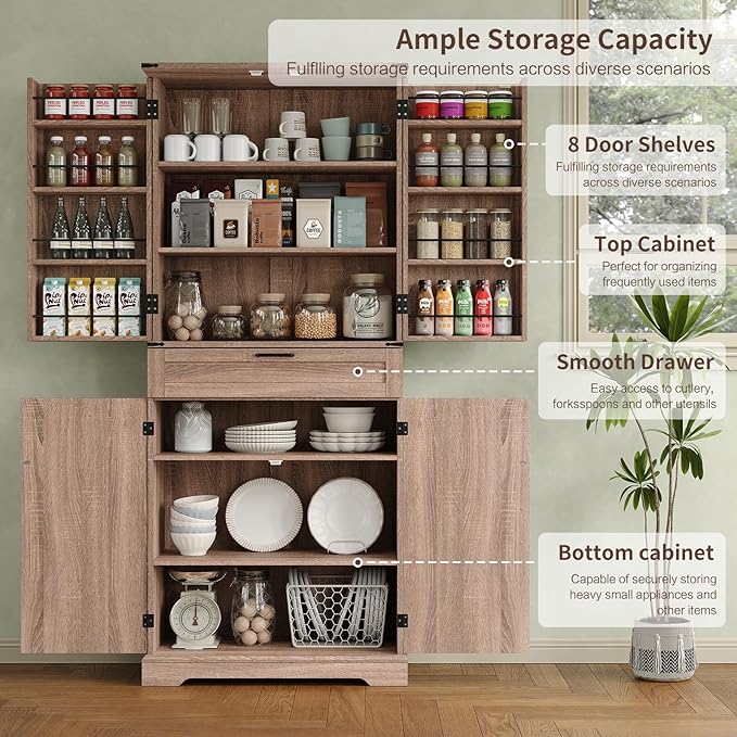 72'' Kitchen Storage Pantry Cabinet, Tall Storage Cabinet with 8 Door Shelves, 2 Cabinets and 1 Drawer, Freestanding Cupboard for Kitchen, Dining Room, Bathroom, Laundry, Living Room, Espresso-Ruum Studio Home