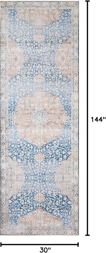 Loloi Layla Collection LAY-07 Blue/Tangerine 2'-6" x 12'-0" .13" Thick Runner Rug, Soft, Durable, Vintage Inspired, Distressed, Low Pile, Non-Shedding, Easy Clean, Printed, Living Room Rug-Ruum Studio Home
