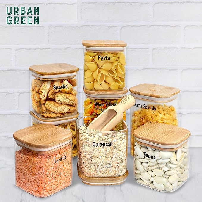 Urban Green Glass Jars with Airtight Lids, Airtight Glass Canisters with Locking Lids, (Bamboo-6P-24oz)-Ruum Studio Home