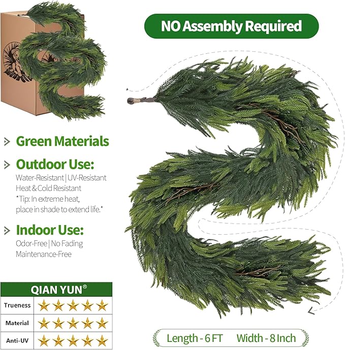 6FT Artificial Norfolk Pine Garland 2 Pack – Dense Green Christmas Garland, Real Touch Holiday Greenery for Front Door, Fireplace Mantel, Staircase, Indoor Outdoor Home Decoration-Ruum Studio Home