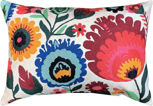 Lumbar Cream Floral Pillow Cover Polish Flower Accent Chair Pillowcase Couch Modern Farmhouse Couch Cushion Hand Embroidered Wool Size 14x20 Inch-Ruum Studio Home