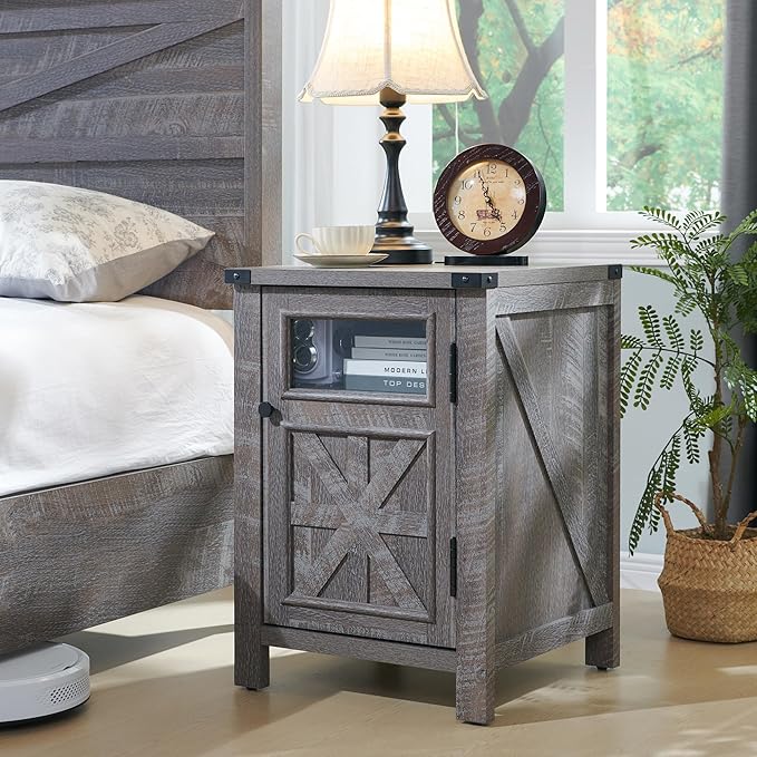 JXQTLINGMU Farmhouse End Table with Charging Station, 18'' Rustic Nightstand with Barn Door & Adjustable Shelf, Wooden Sofa Side Table with 3-Tier Storage for Living Room, Bedroom, Gray-Ruum Studio Home