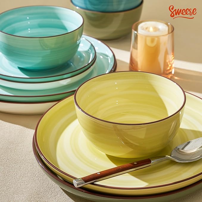 Sweese Plates and Bowls Sets, 18 Piece Dinnerware Set Porcelain Round Dinner Set for 6, Scratch Resistant Dishes Set, Dishwasher and Oven Microwave Safe Handpainted Swirl Dishware Sets, Assorted Green-Ruum Studio Home