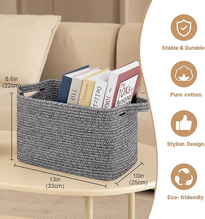 OIAHOMY Storage Basket, Woven Baskets for Storage, Cotton Rope Basket for toys,Towel Baskets for Bathroom - Pack of 3, Black-Ruum Studio Home