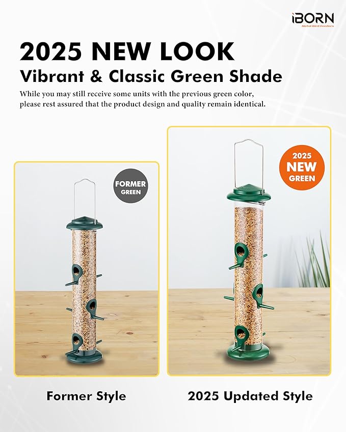 iBorn Metal Bird Feeders 6 Ports Hanging Wild Bird Seed Feeder for Mix Seed Blends, Niger Seed Feeder, Sunflower Heart, Birdbath, Heavy Duty All Metal Green Finishing 14 Inch 6Port-Ruum Studio Home