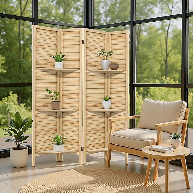Osparple Room Divider with Shelves 4 Panel Wooden Folding Room Dividers Privacy Screen Wall Divider for Room Separation for Office and Apartment, Natural-Ruum Studio Home