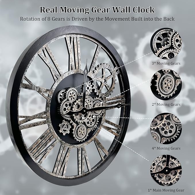 Large Wall Clock, Clocks for Living Room Decor Oversized 30 Inch Wall Decor Farmhouse Vintage Rustic Industrial Roman Big Chic Home Decor Wall Clock for House Bedroom Office, Moving Gears Clock-Ruum Studio Home