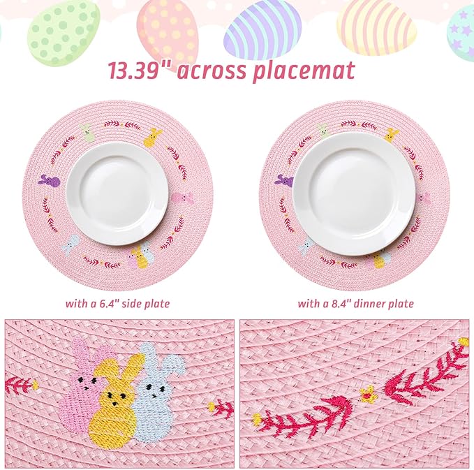 Whaline 4Pcs Round Bunny Easter Placemats Pink Rabbit Embroidered Place Mats Spring Cute Rabbit Dinner Table Mat Easter Dining Kitchen Table Mats for Home Wedding Baby Shower Birthday Party Decor-Ruum Studio Home