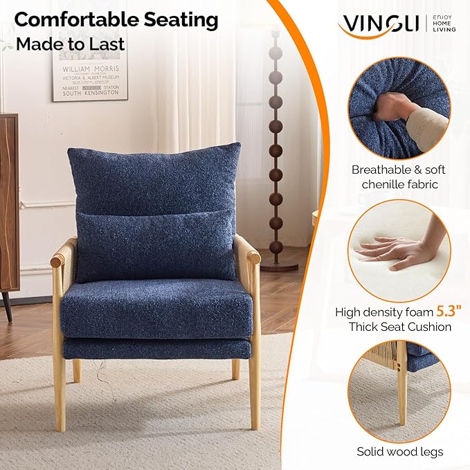 VINGLI Boho Braid Accent Armchairs Set of 2,Mid-Century Modern Chiars with Solid Wooden Armrest,Comfy Louge Cushion Chairs with Waist Pillow for Bedroom,Living Room,Reading Room, Blue-Ruum Studio Home