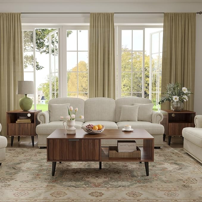 Mid Century Modern Coffee Table with Grooved Drawers & Open Storage, 47" MDF Walnut Wood Center Table with Black Solid Wood Legs, Retro Living Room Furniture-Ruum Studio Home