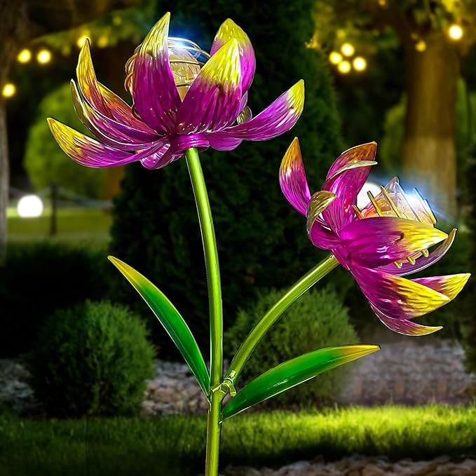 Solar Wind Spinner Outdoor, 63 Inch Metal Wind Spinner Yard Art with Lights - Twin Flower Design Pinwheels for Yard and Garden Decor, Solar Garden Decor-Ruum Studio Home