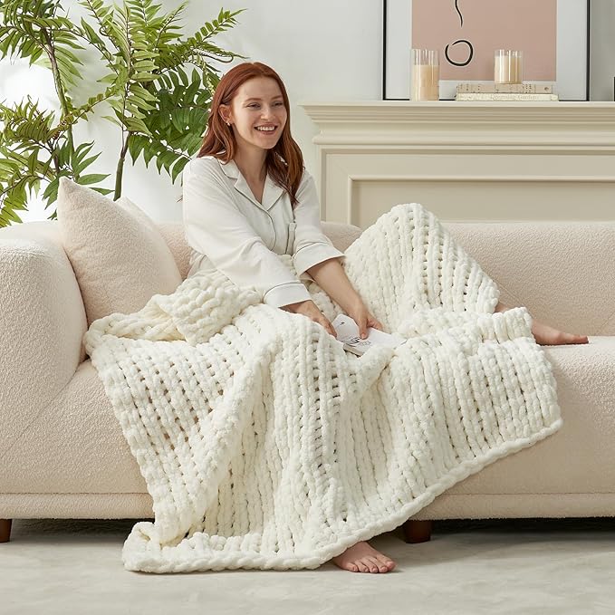 Amélie Home Chunky Knit Throw Blanket for Couch, Soft Chenille Crochet Blanket for Sofa, 50"x60", Ivory-Ruum Studio Home