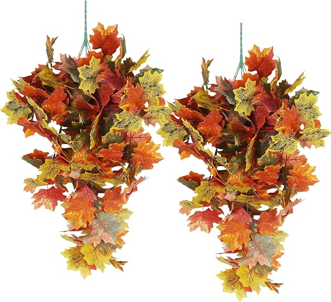 RECUTMS 2pcs Artificial Hanging Maple Leaves Plants Fake Fall Vines Plants Faux Autumn Hanging Fall Artificial Mums for Indoor Outdoor Thanksgiving Party Wedding Home Wall Door Decor(Green Yellow)-Ruum Studio Home