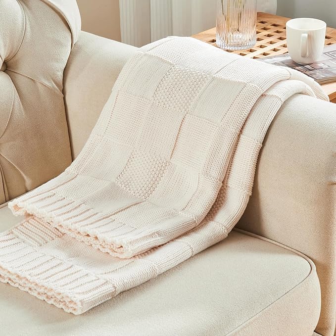 CozeCube Check Knit Throw Blanket, Cream White Checkered Throw for Couch, Decorative Christmas Soft Cozy Warm Knitted Blanket for Bed Sofa Living Room, 60"X80"-Ruum Studio Home