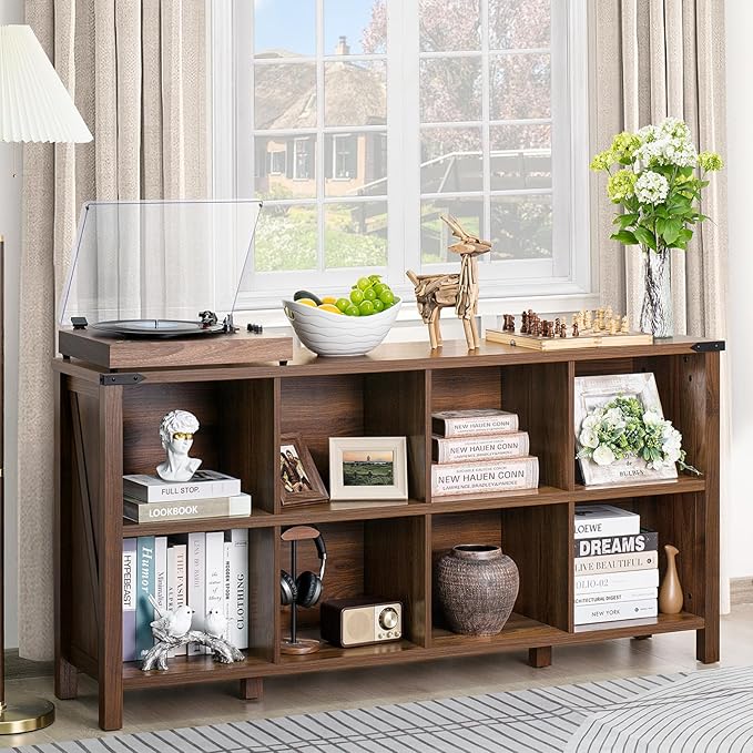 8 Cube Book Shelf, Farmhouse Wood Long Storage Organizer Bookcase, 62" Horizontal Brown Walnut Console Closet Bookshelf, Hallway TV Stand for Entryway, Display Cabinet Book Case for Office-Ruum Studio Home
