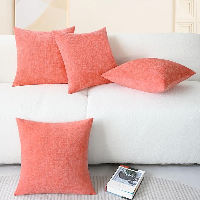 CaliTime Throw Pillow Covers Decorative 18 X 18 Inches Pack of 4 Cozy Chenille Cushion Cases for Couch Sofa Bed Living Room Home Living Coral-Ruum Studio Home
