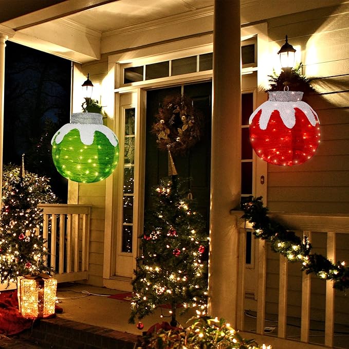 BRIGHTDECK 2 Pcs Outdoor Christmas Ornaments, Lighted Pop-Up Outdoor Holiday Ball Decoration with 80 LED Lights, 8 Light Modes, Lighted Collapsible Holiday Decorations for Yard, Home (RedGreen)-Ruum Studio Home